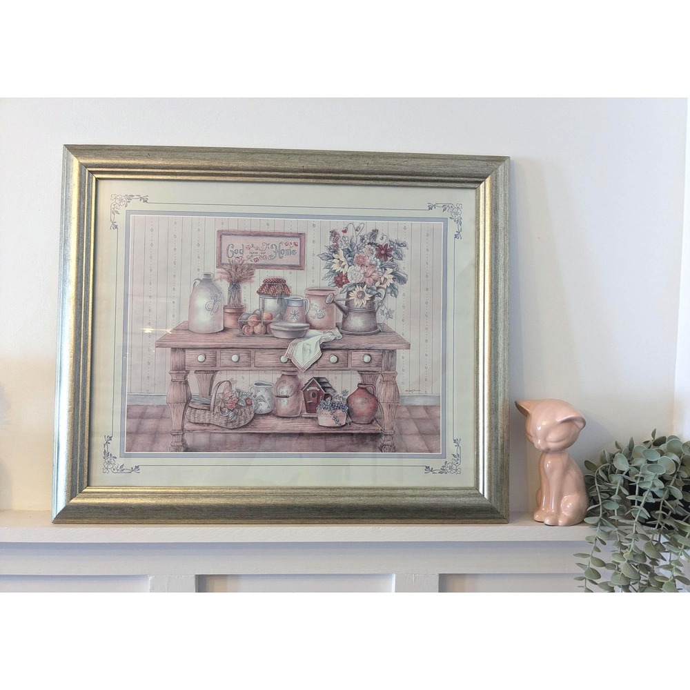 Vintage Framed Country Kitchen Print, God‎ Bless Our Home Wall Art, Farmhouse